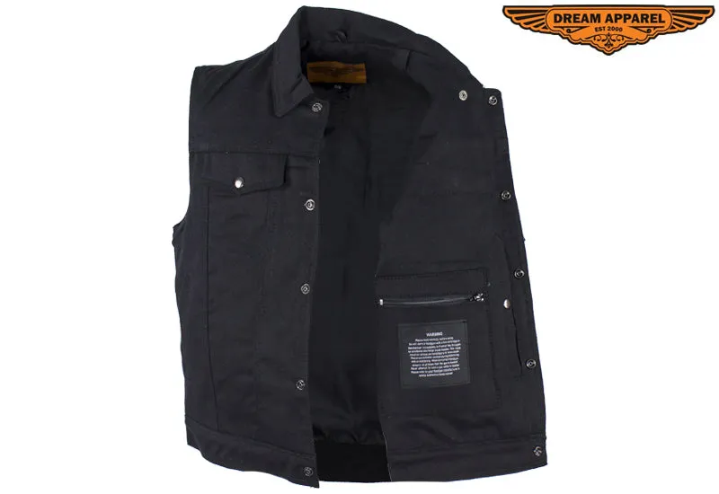 Dream Apparel Mens Black Denim Motorcycle Vest With Buttoned Front Closure