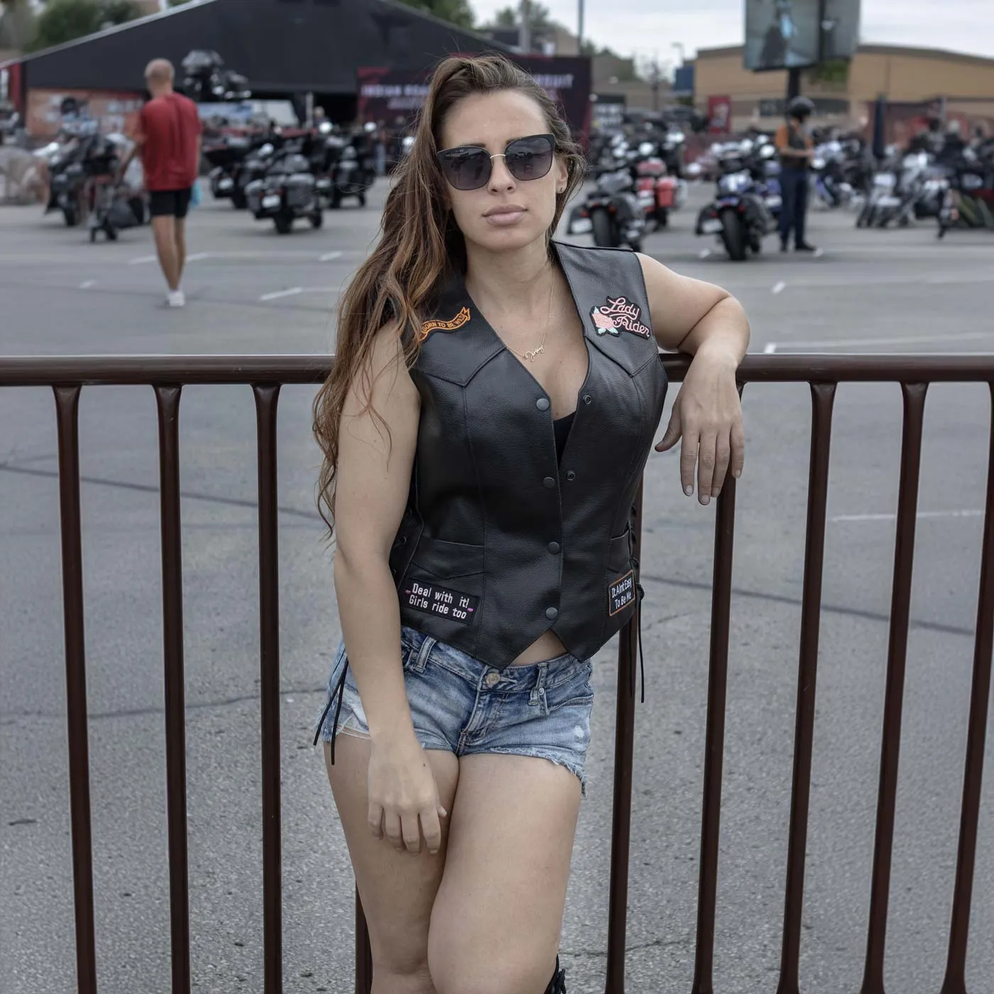 Event Leather ELL4900 Women’s 'Love to Ride' Black Leather Motorcycle Patched Embroidered Vests with Side Laces