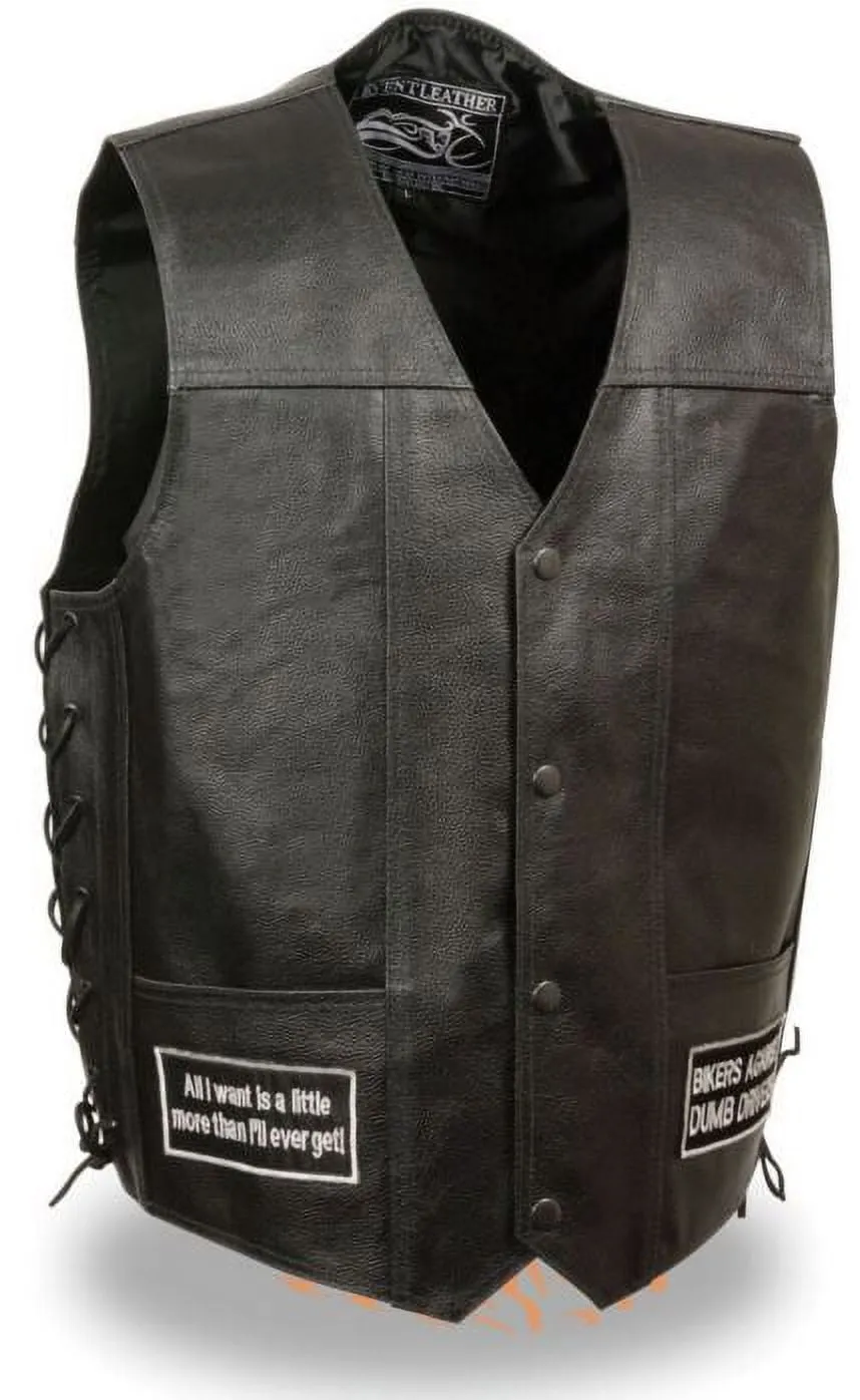 Event Leather ELM3925 Black Motorcycle Leather Vest for Men w/ Patches