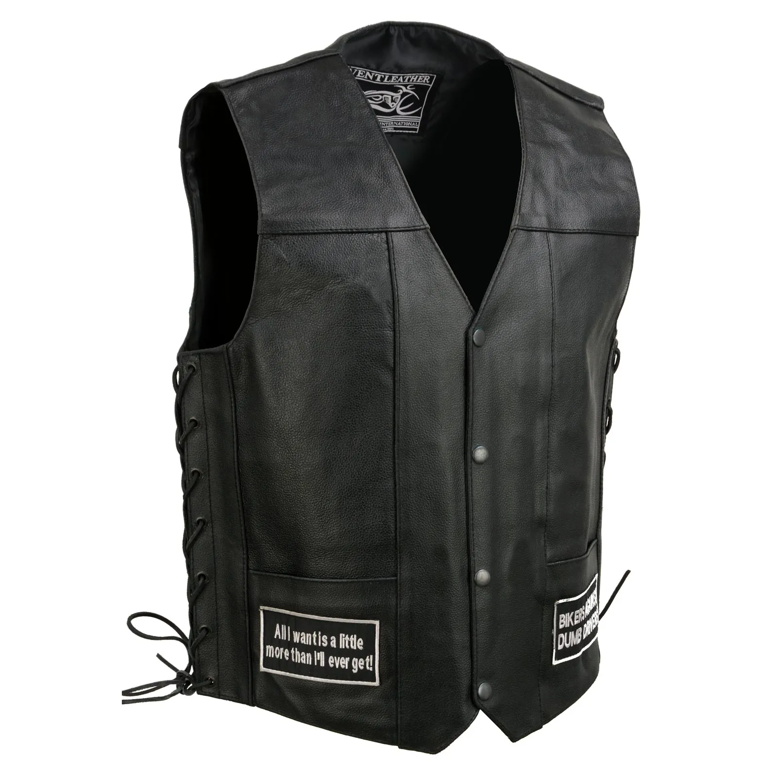 Event Leather ELM3925 Black Motorcycle Leather Vest for Men w/ Patches