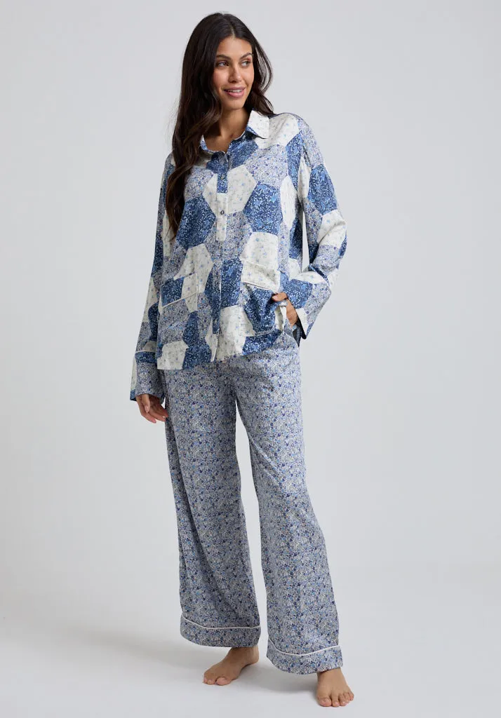 Evie Long Sleeve Aster Patchwork Print Pyjama Set In Blue