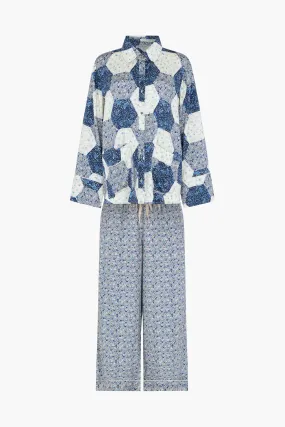 Evie Long Sleeve Aster Patchwork Print Pyjama Set In Blue