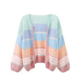 Fall Winter Women Cardigan Oversize Girls Sweet Knitted striped Hollow Out Sweater Coat C-267