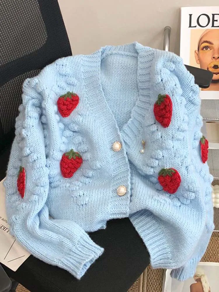 Fashion 3D Strawberry Women Cardigan Winter Elegant Pearl Button Casual V Neck Ladies Knitted Sweater Long Sleeve Coat