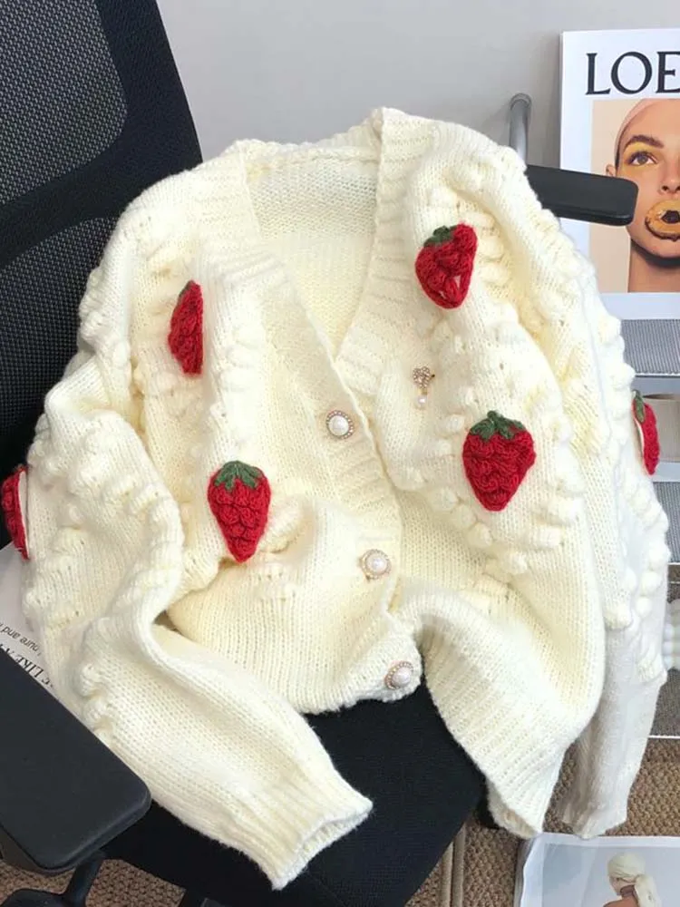 Fashion 3D Strawberry Women Cardigan Winter Elegant Pearl Button Casual V Neck Ladies Knitted Sweater Long Sleeve Coat