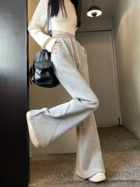 Girlary Korean Style Grey Brushed Pants Women Gyaru Kpop Wide Leg Flared Sweatpants Y2k American Retro Oversize Jogger Trousers