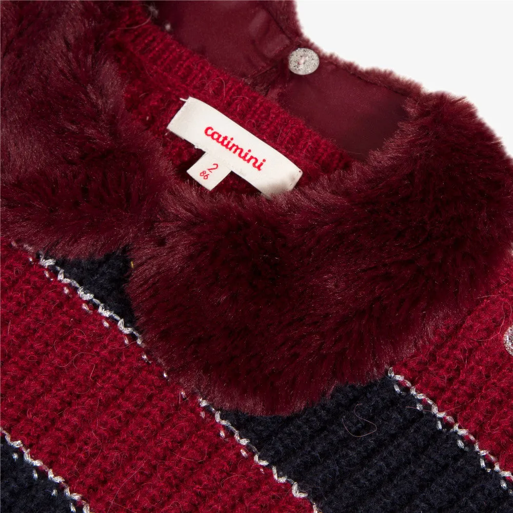 Girls' striped sweater with a detachable faux fur collar