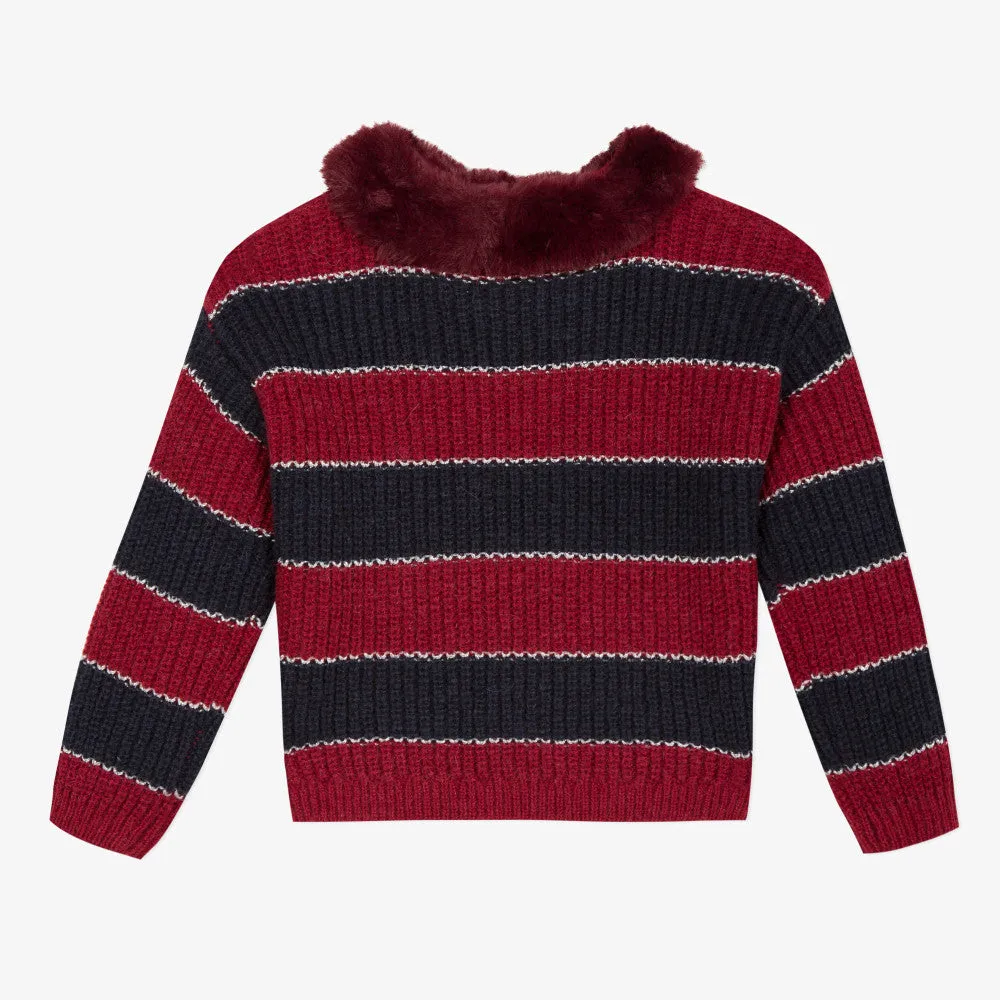 Girls' striped sweater with a detachable faux fur collar