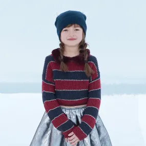 Girls' striped sweater with a detachable faux fur collar