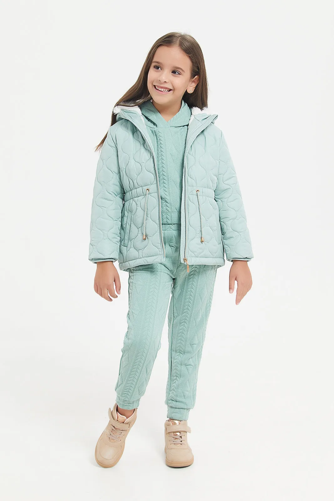 Girls Teal Quilted Padded Jacket With Hood