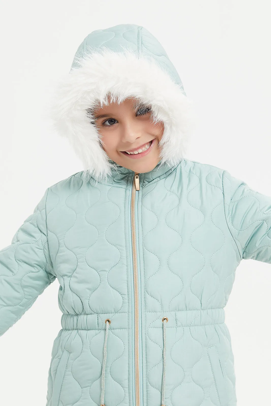 Girls Teal Quilted Padded Jacket With Hood