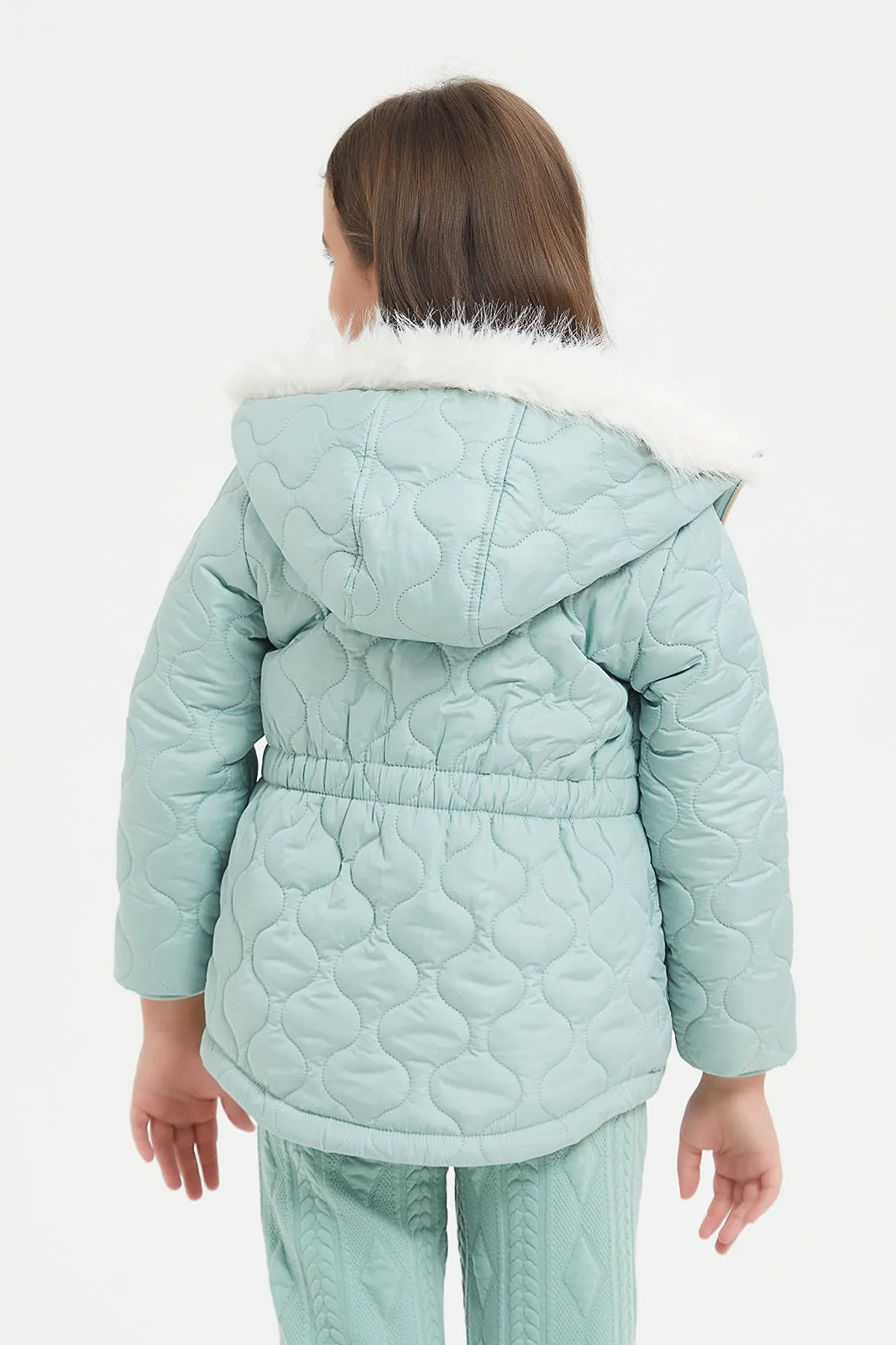 Girls Teal Quilted Padded Jacket With Hood