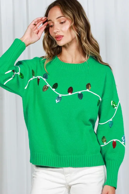 Green Long Sleeve Sequin Detail Sweater