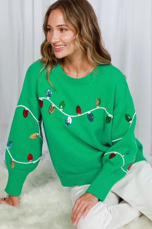 Green Long Sleeve Sequin Detail Sweater