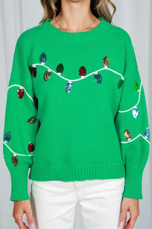 Green Long Sleeve Sequin Detail Sweater