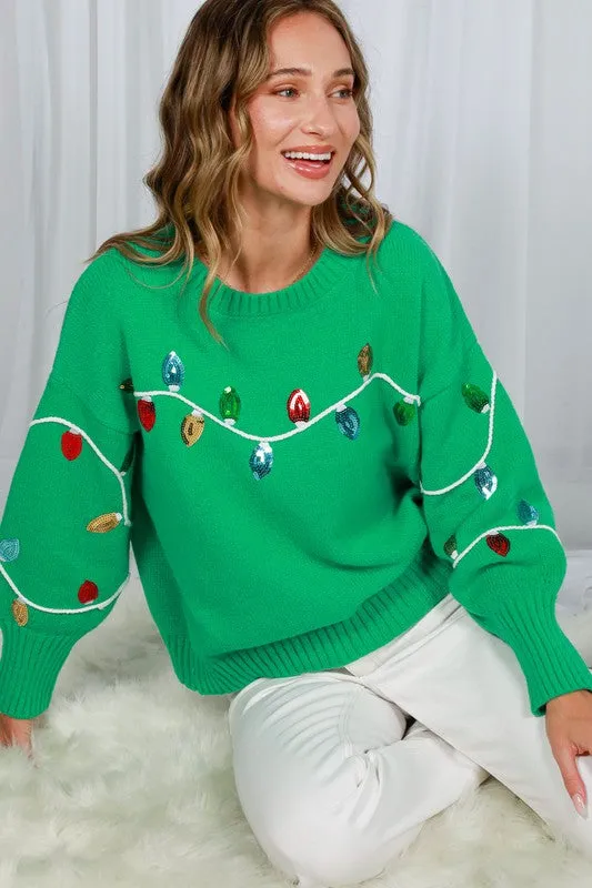 Green Long Sleeve Sequin Detail Sweater