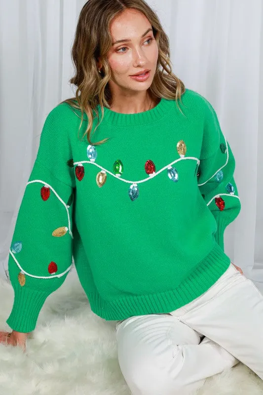 Green Long Sleeve Sequin Detail Sweater