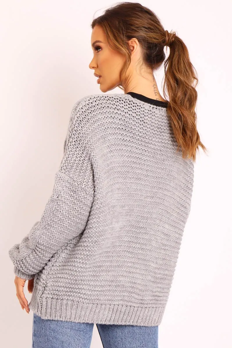 Grey Chunky Knit Cable Pattern Cardigan - Luna