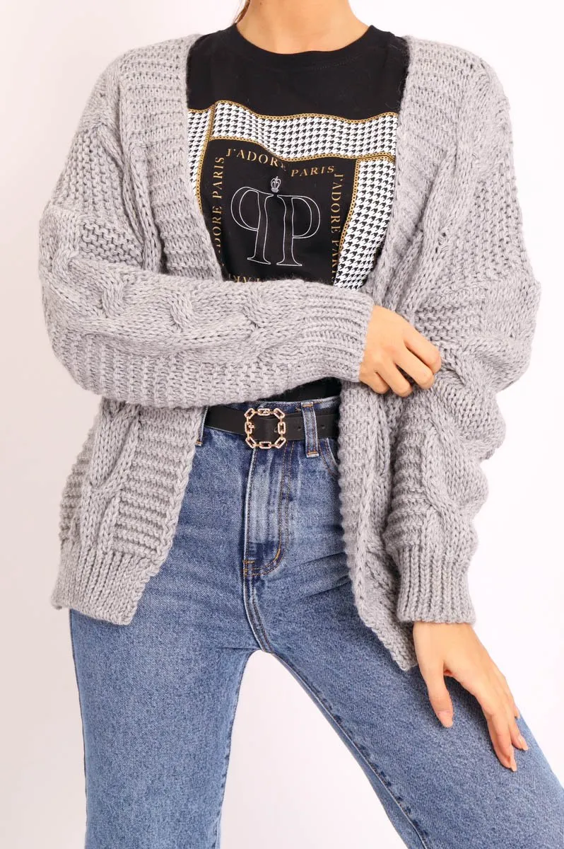 Grey Chunky Knit Cable Pattern Cardigan - Luna