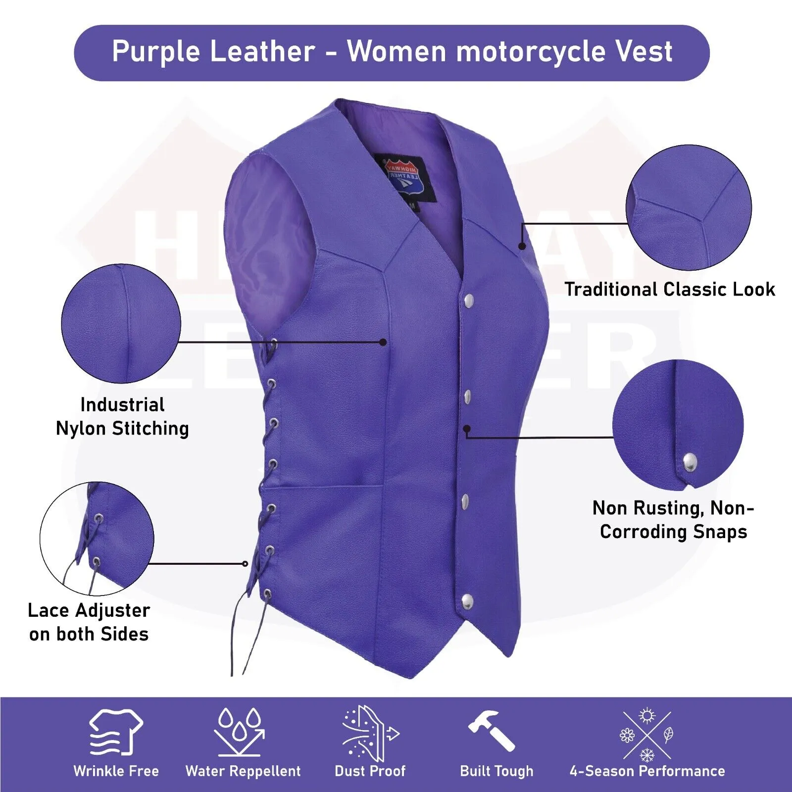 HL14501Purple Royal Purple lace up side Leather Vest for Motorcycle clubs V ROYAL PURPLE