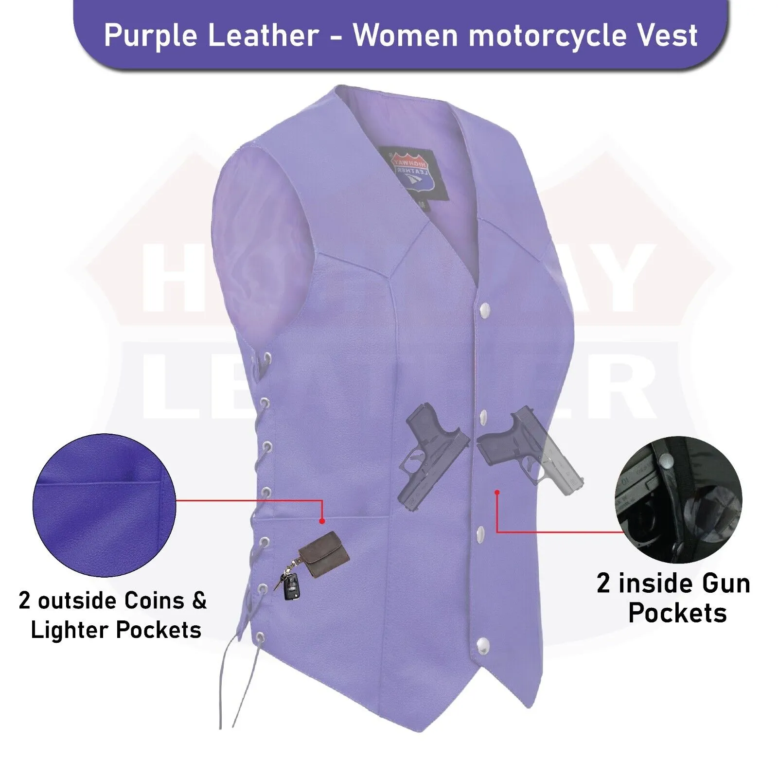 HL14501Purple Royal Purple lace up side Leather Vest for Motorcycle clubs V ROYAL PURPLE