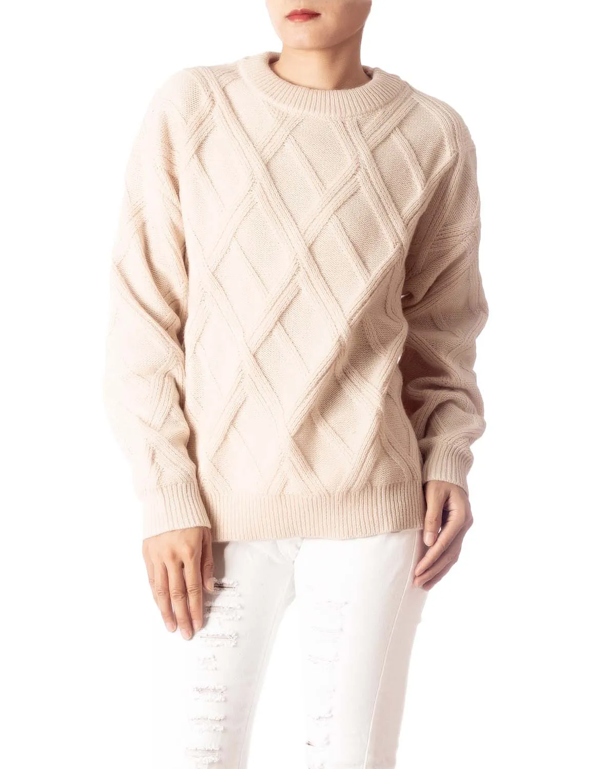 iB-iP Women's Cozy Casual Top Long Sleeve Cable Knitted Pullover Sweater