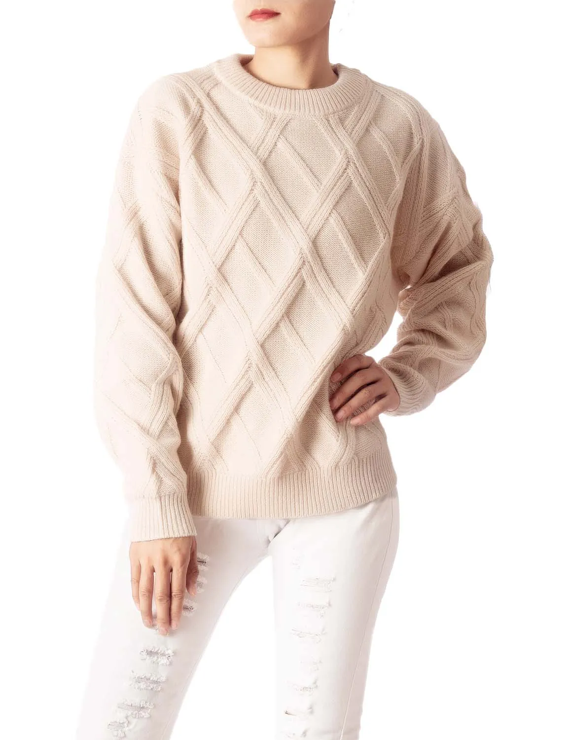 iB-iP Women's Cozy Casual Top Long Sleeve Cable Knitted Pullover Sweater