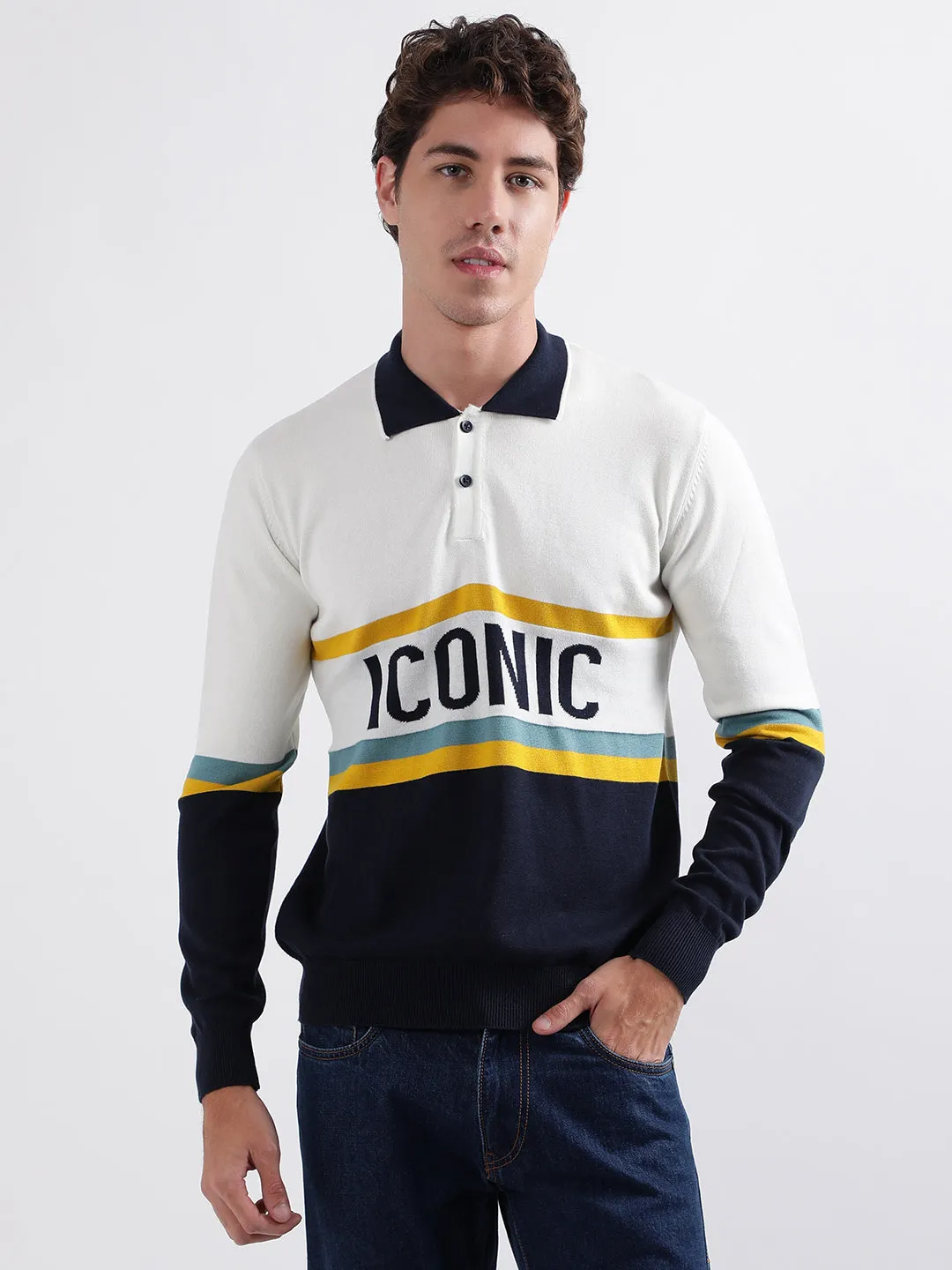 Iconic Men Multicolor Colorblocked Polo Collar Full Sleeves Pullover Style Sweater