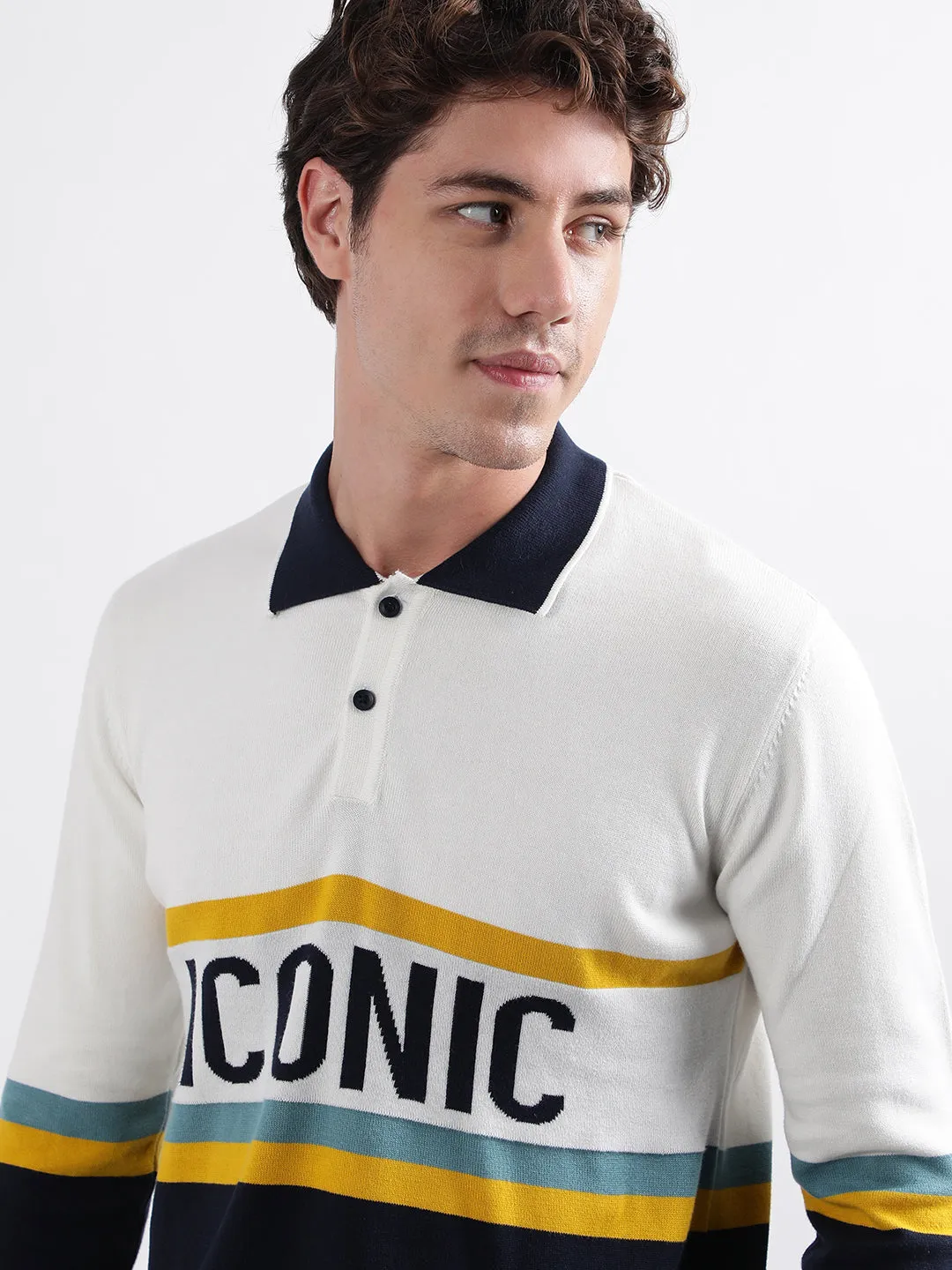 Iconic Men Multicolor Colorblocked Polo Collar Full Sleeves Pullover Style Sweater