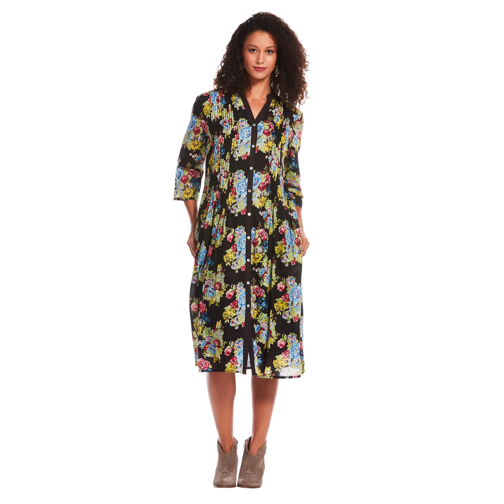 J. Peterman Women's Button-Front Cotton Dress in Black Floral