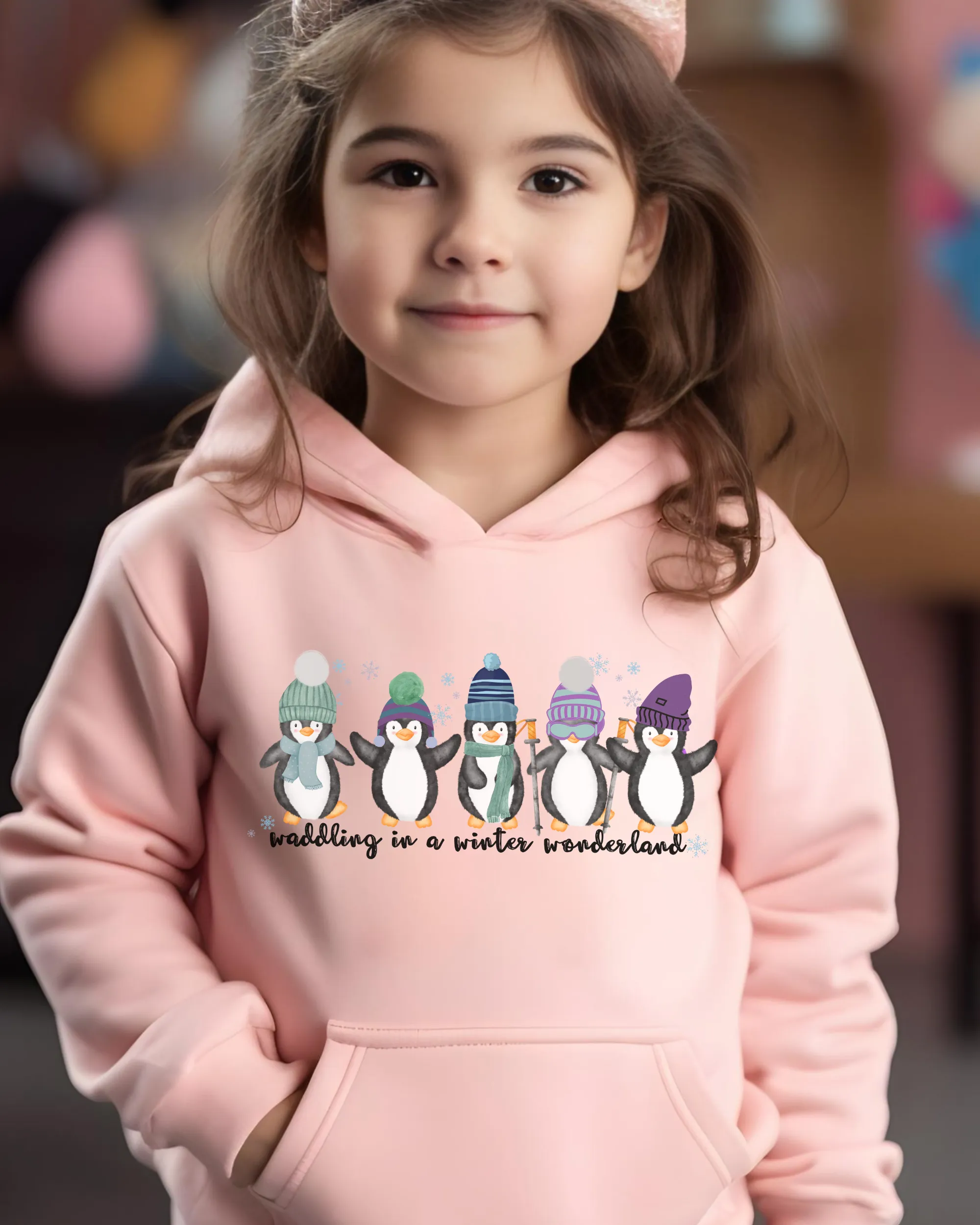 Kids or Youth Christmas Hooded Sweatshirt, Waddling In A Winter Wonderland Hoodie, Cozy, Warm Sweatshirt, Pastel Penguins on a cute hoodie