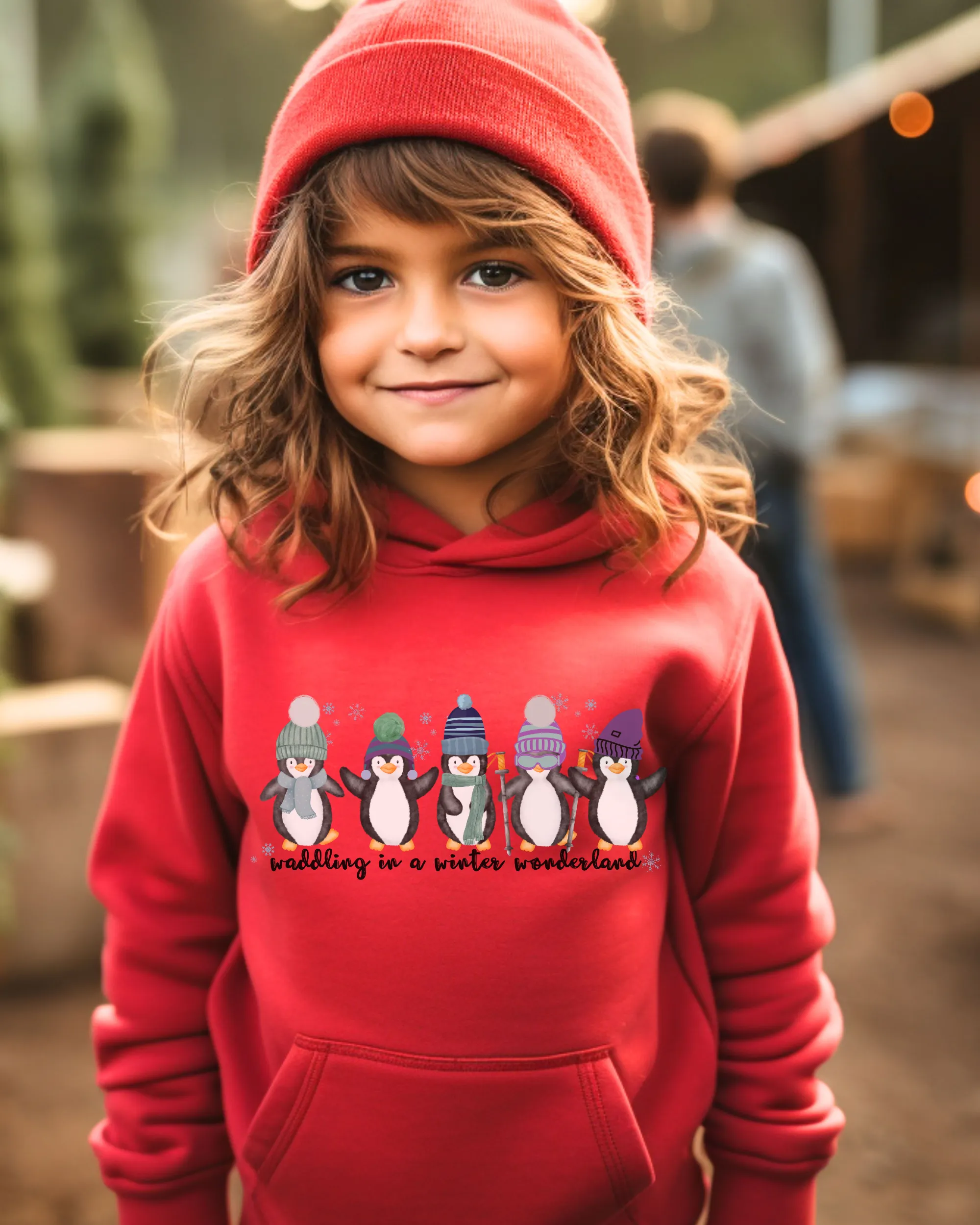 Kids or Youth Christmas Hooded Sweatshirt, Waddling In A Winter Wonderland Hoodie, Cozy, Warm Sweatshirt, Pastel Penguins on a cute hoodie