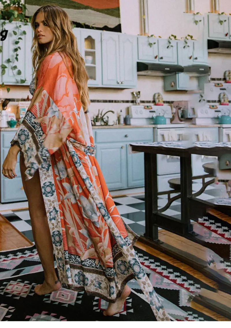 Kimono Orange Print Floral Loose Long Cardigan