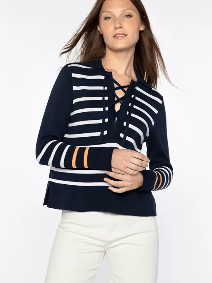 Kinross Cashmere Navy Stripe Lace Up Polo Jumper LSSG4-189