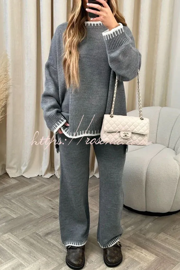 Life Memories Knit Contrast Stitch Trim Pullover Sweater and Stretch Loose Pants Set