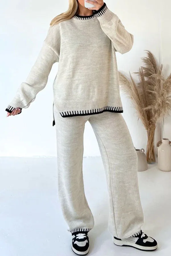 Life Memories Knit Contrast Stitch Trim Pullover Sweater and Stretch Loose Pants Set