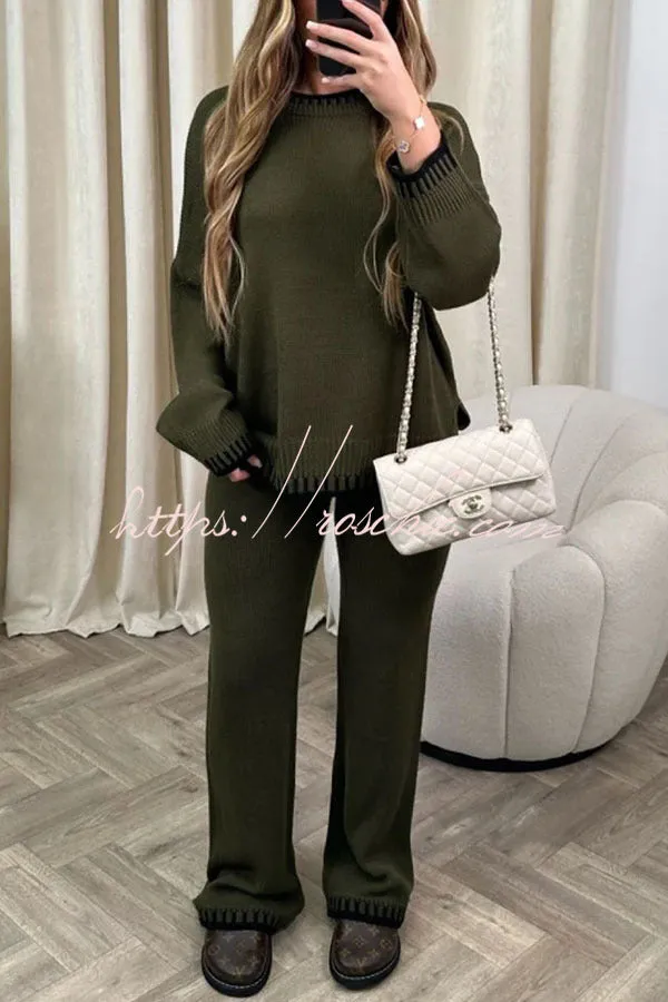 Life Memories Knit Contrast Stitch Trim Pullover Sweater and Stretch Loose Pants Set