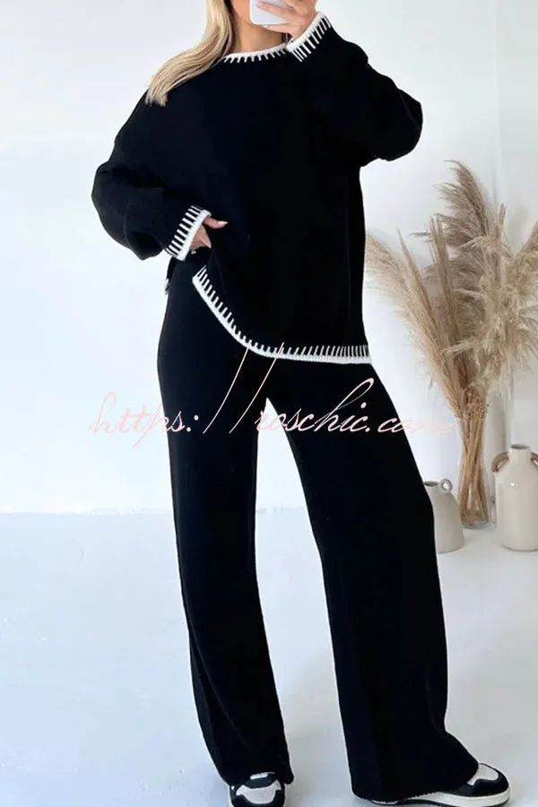 Life Memories Knit Contrast Stitch Trim Pullover Sweater and Stretch Loose Pants Set