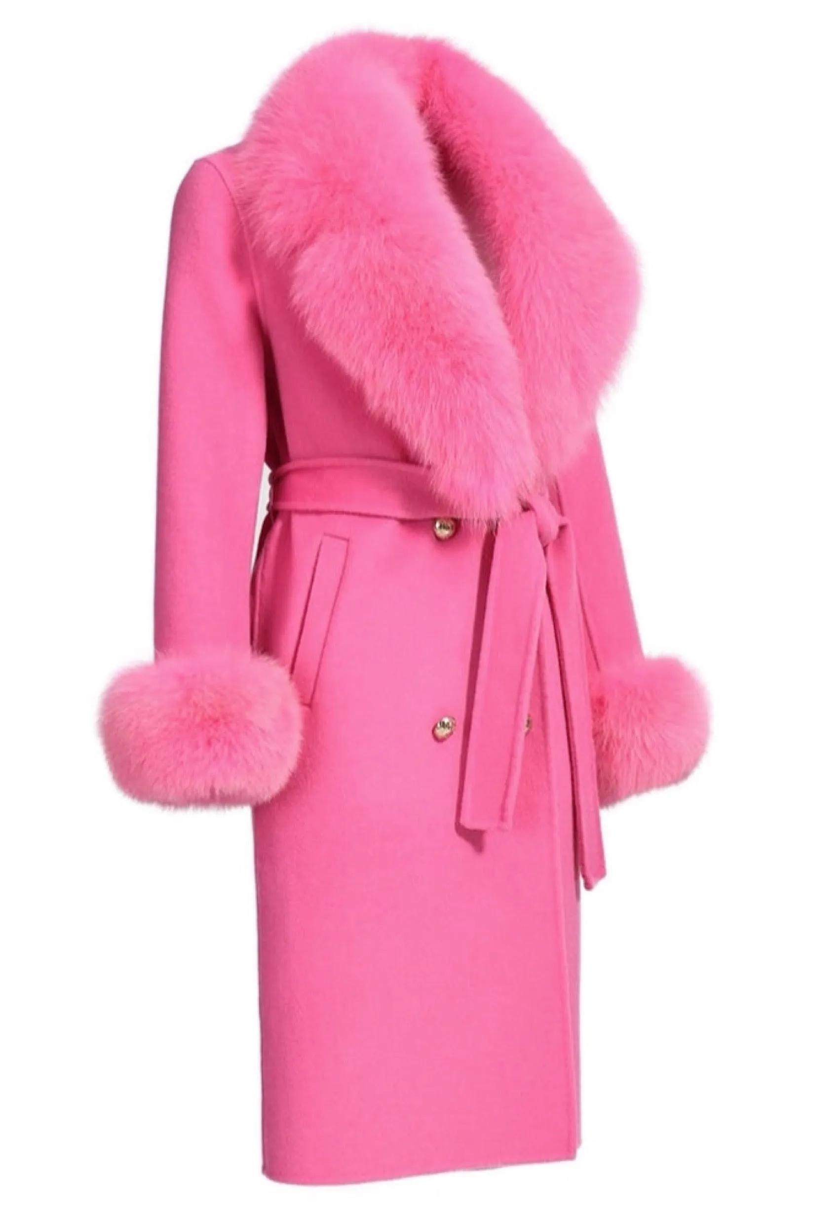 LORINA Pink Cashmere Midi Coat with Fox Fur