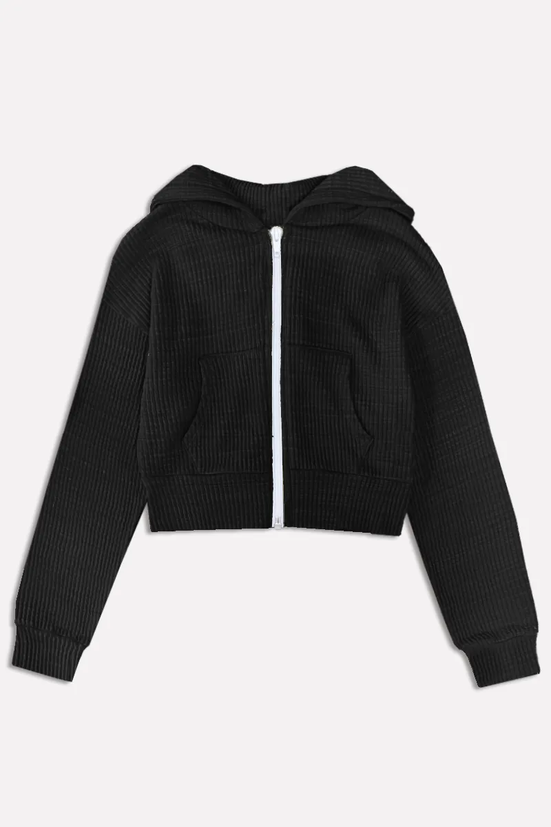 Luxe Ribbed Drop Shoulder Cropped Zip Hoodie - Black