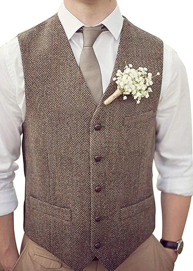 Men's Casual Suit Vest Herringbone V Neck Waistcoat