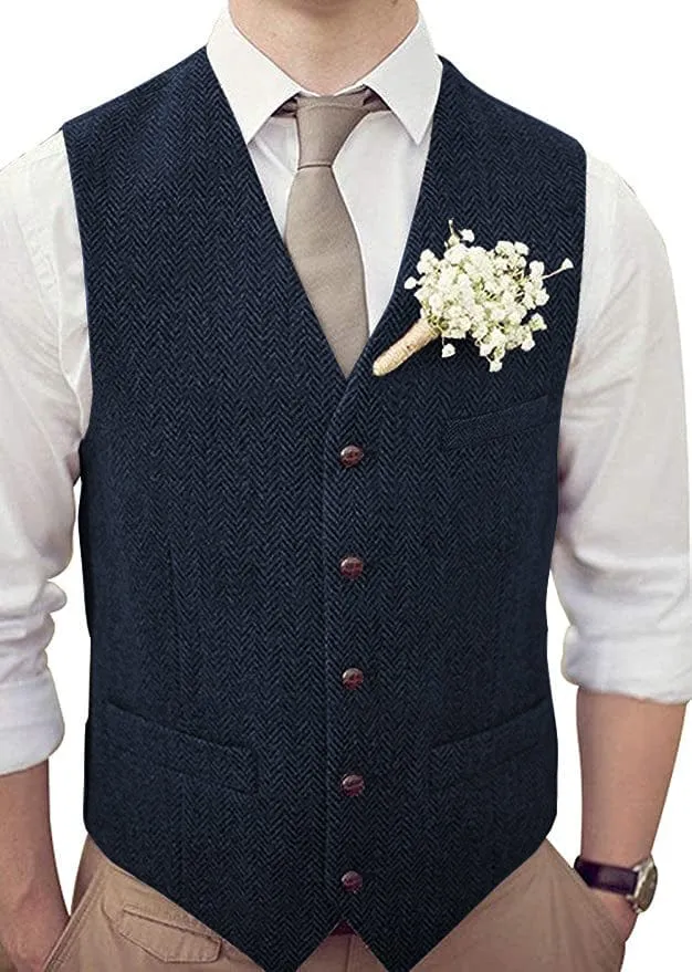 Men's Casual Suit Vest Herringbone V Neck Waistcoat