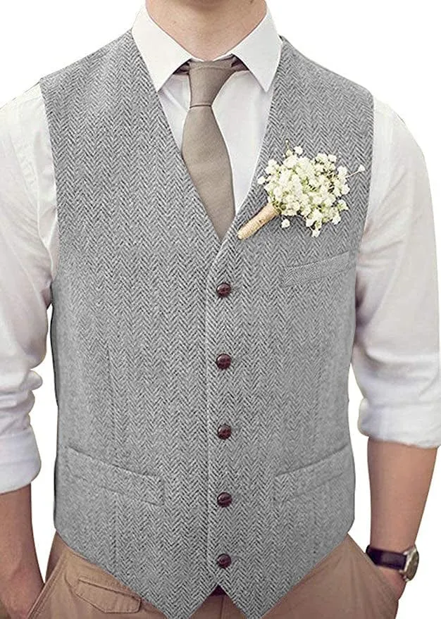 Men's Casual Suit Vest Herringbone V Neck Waistcoat