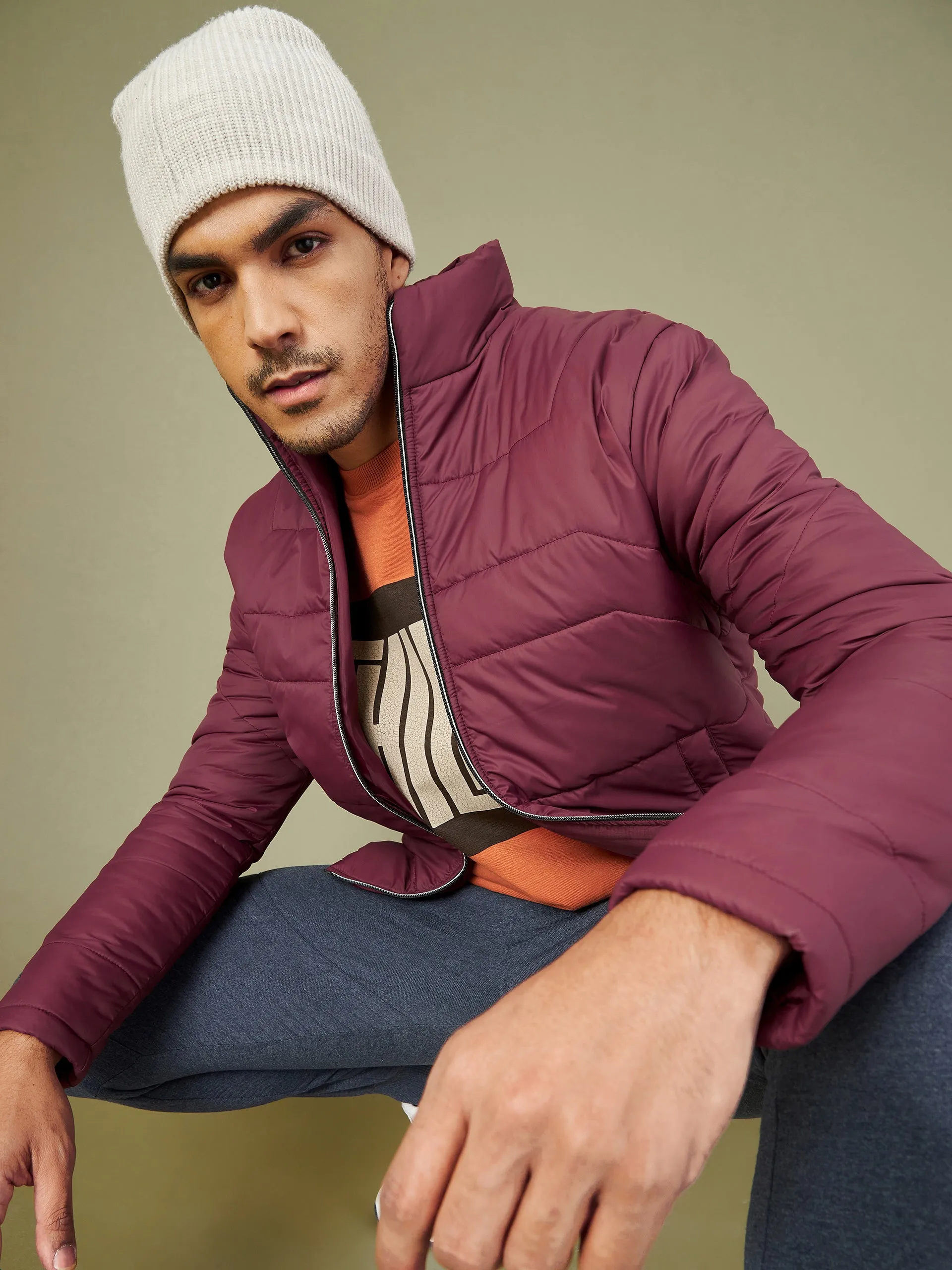 Men's Maroon Quilted Puffer Jacket - LYUSH-MASCLN