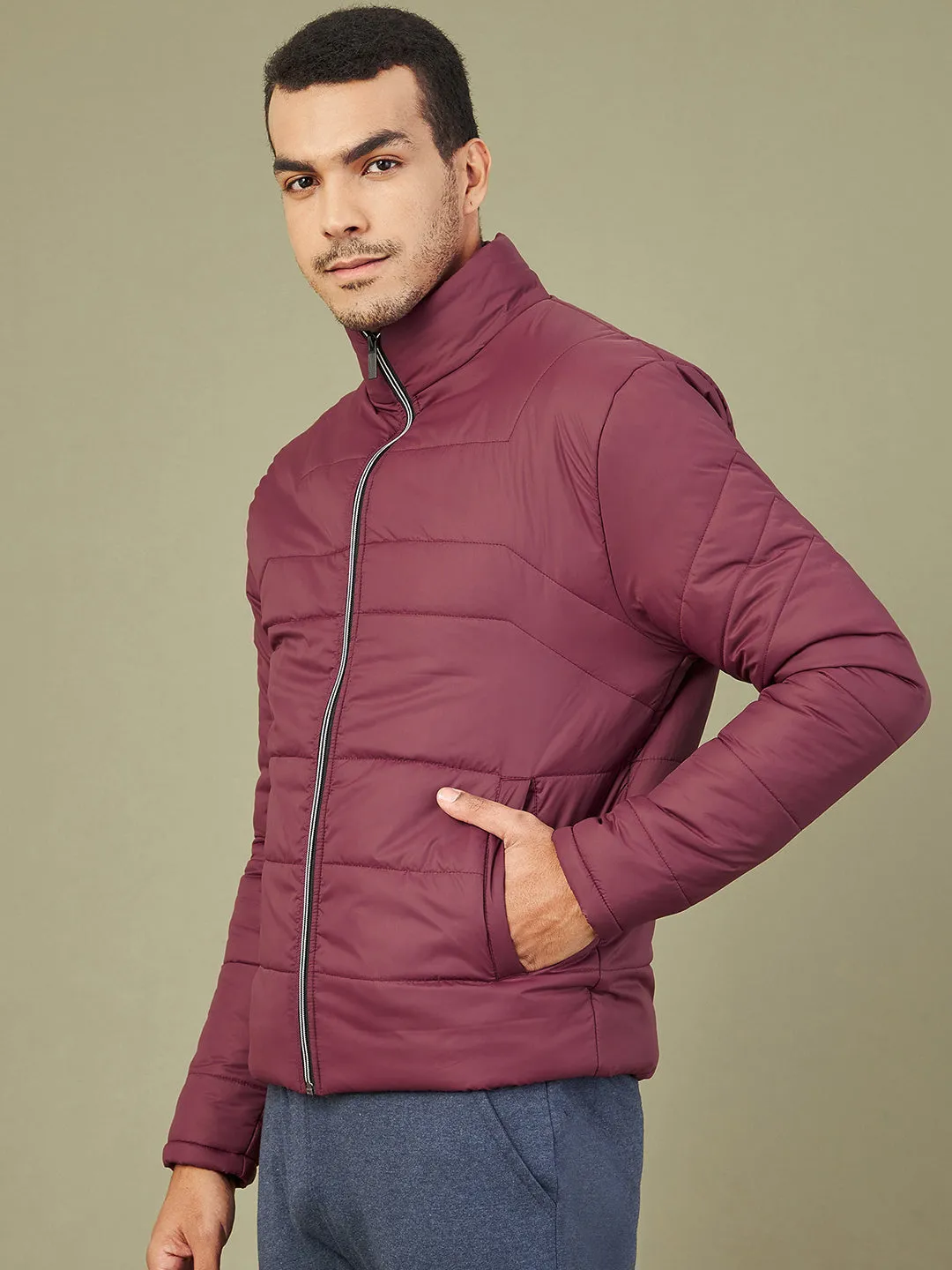 Men's Maroon Quilted Puffer Jacket - LYUSH-MASCLN