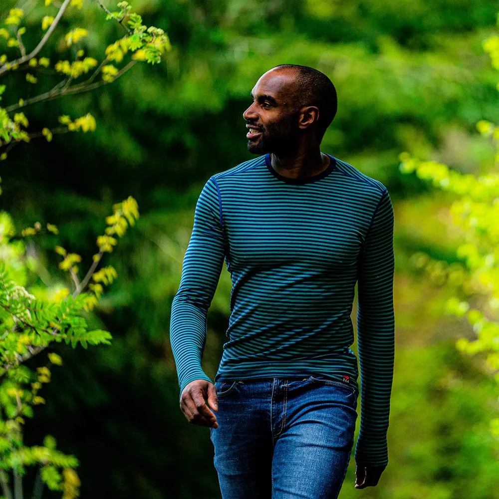 Mens Merino 180 Long Sleeve Crew (Mini Stripe Navy/Green)