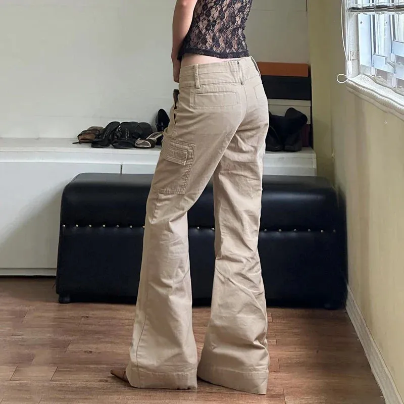 Metaversmall Streetwear Vintage Low Rise Women Jeans Solid Pockets Cargo Style Flared Pants Denim Y2K Aesthetic Trousers Clothing