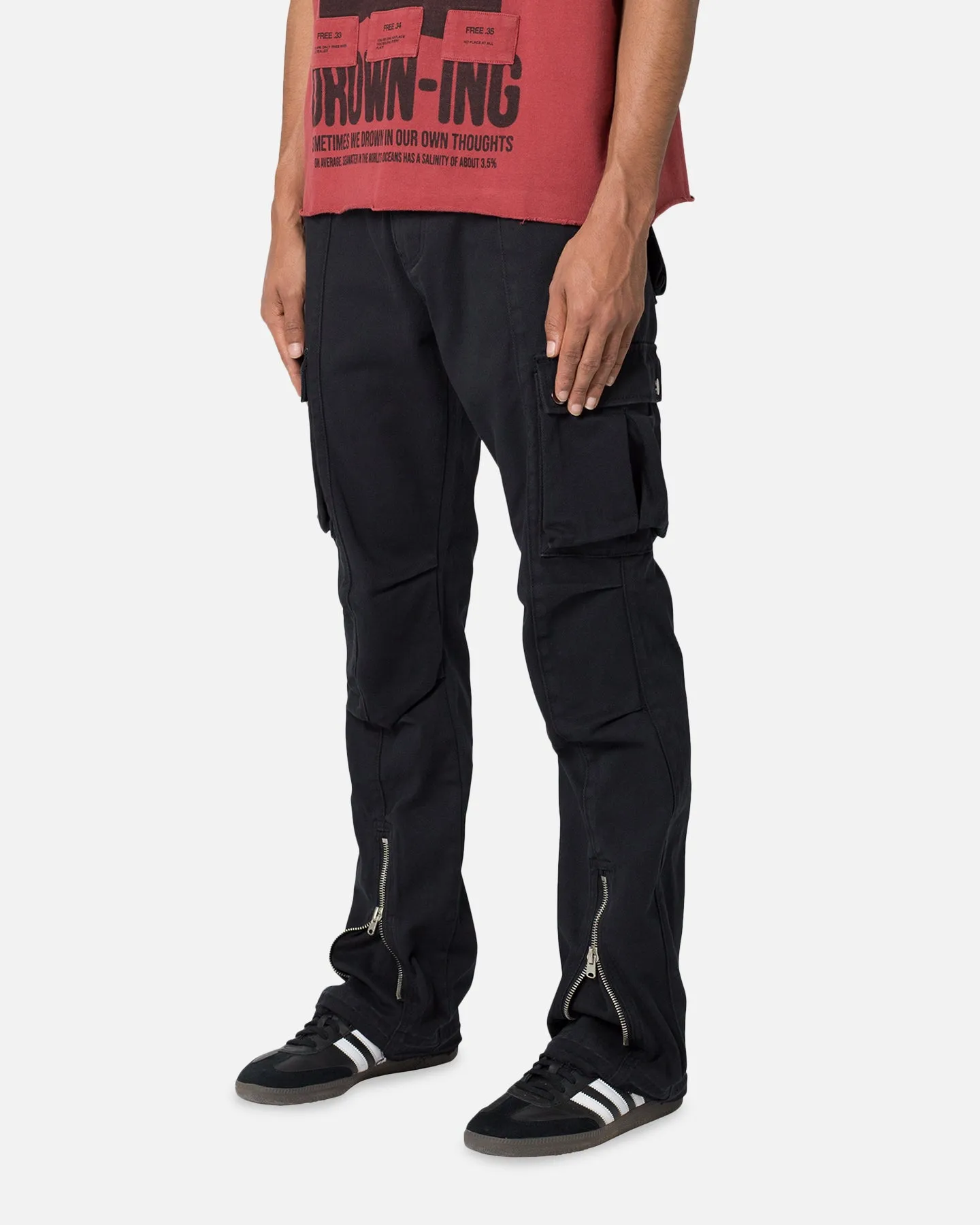 MNML Front Zip Flare Cargo Pants Black