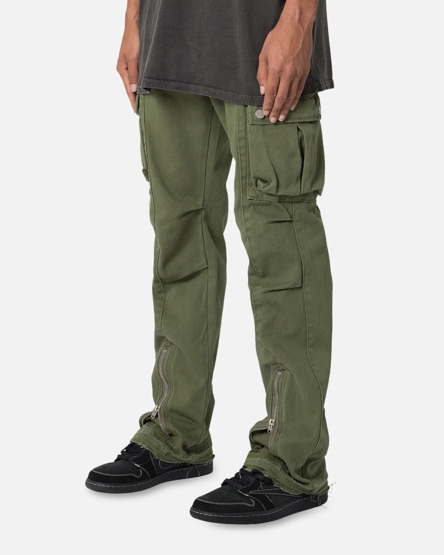 MNML Front Zip Flare Cargo Pants Olive