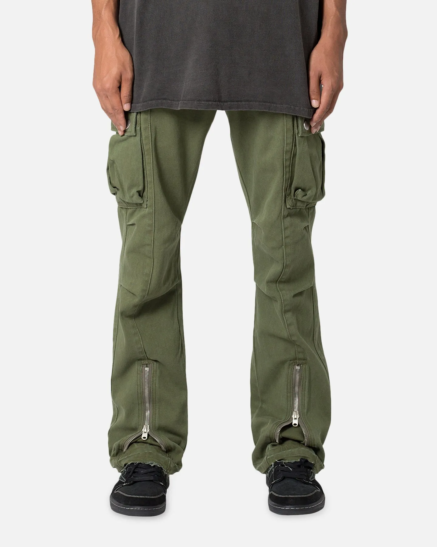 MNML Front Zip Flare Cargo Pants Olive